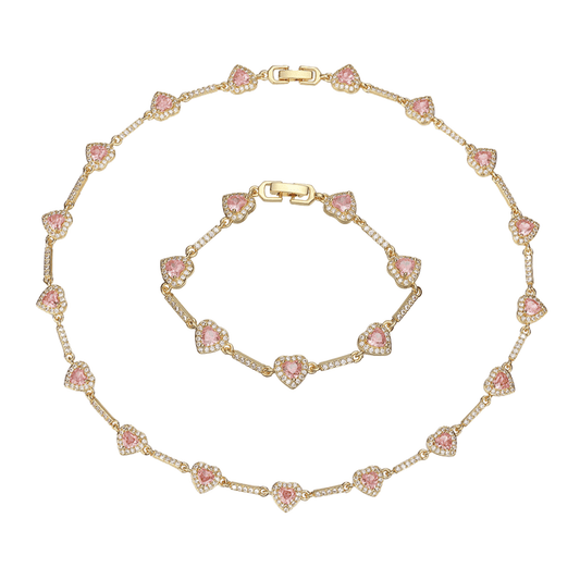 “Heartline” Gold-Tone Brass Colorful Zircon Heart Jewelry Set
