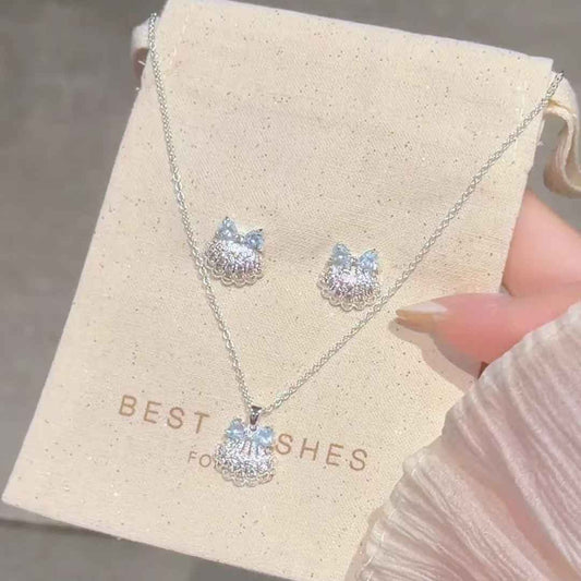 “Aqua Shell Bow” S925 Sterling Silver Shell Bow Jewelry Set (Necklace & Earrings)