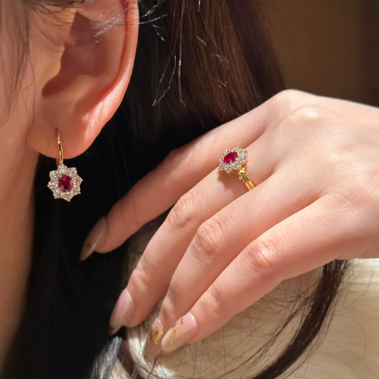 “Ruby Soleil” S925 Sterling Silver Ruby Floral Jewelry Set