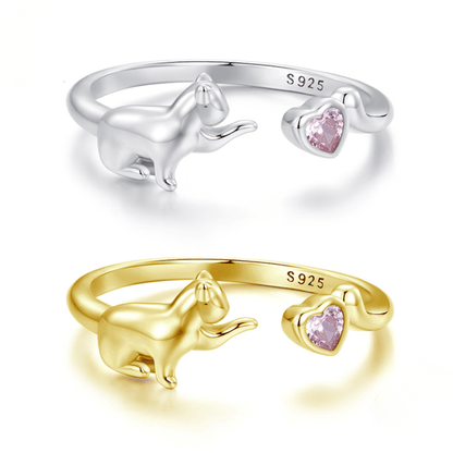 "Playful Kitty" 925 Sterling Silver Open Ring – Gold & Silver, Pink Zircon Heart