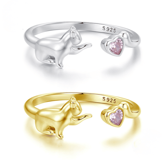 "Playful Kitty" 925 Sterling Silver Open Ring – Gold & Silver, Pink Zircon Heart