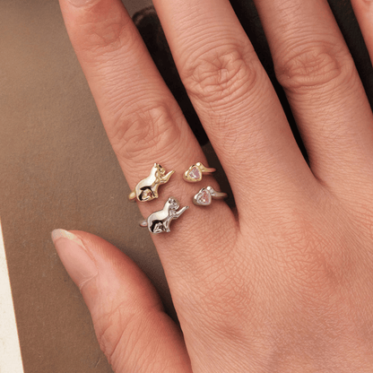 "Playful Kitty" 925 Sterling Silver Open Ring – Gold & Silver, Pink Zircon Heart