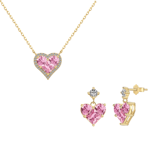“Pink Prism Heart” S925 Sterling Silver Geometric Heart Zircon Jewelry Set (Necklace & Stud Earrings)