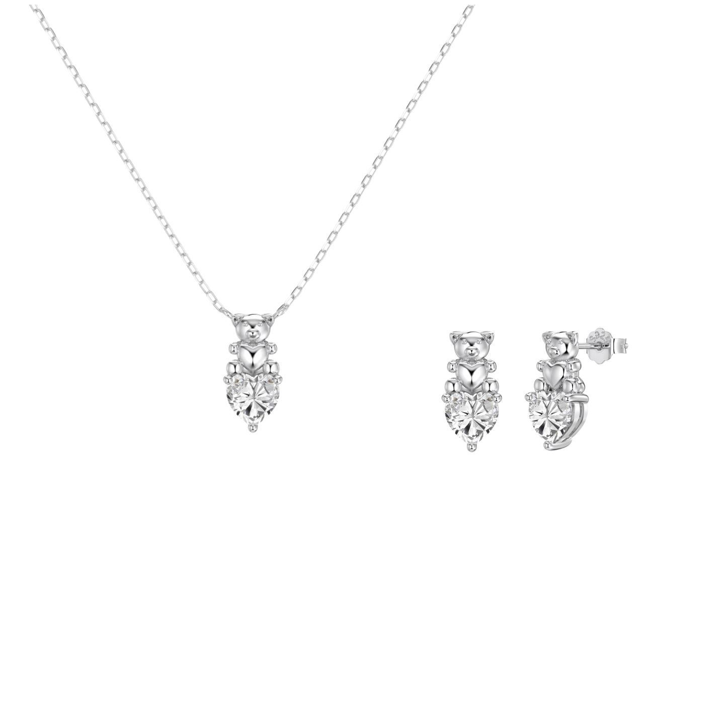 “Sweet Bear Spark” 925 Sterling Silver 5A Cubic Zirconia Necklace & Stud Earrings Set