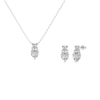 “Sweet Bear Spark” 925 Sterling Silver 5A Cubic Zirconia Necklace & Stud Earrings Set