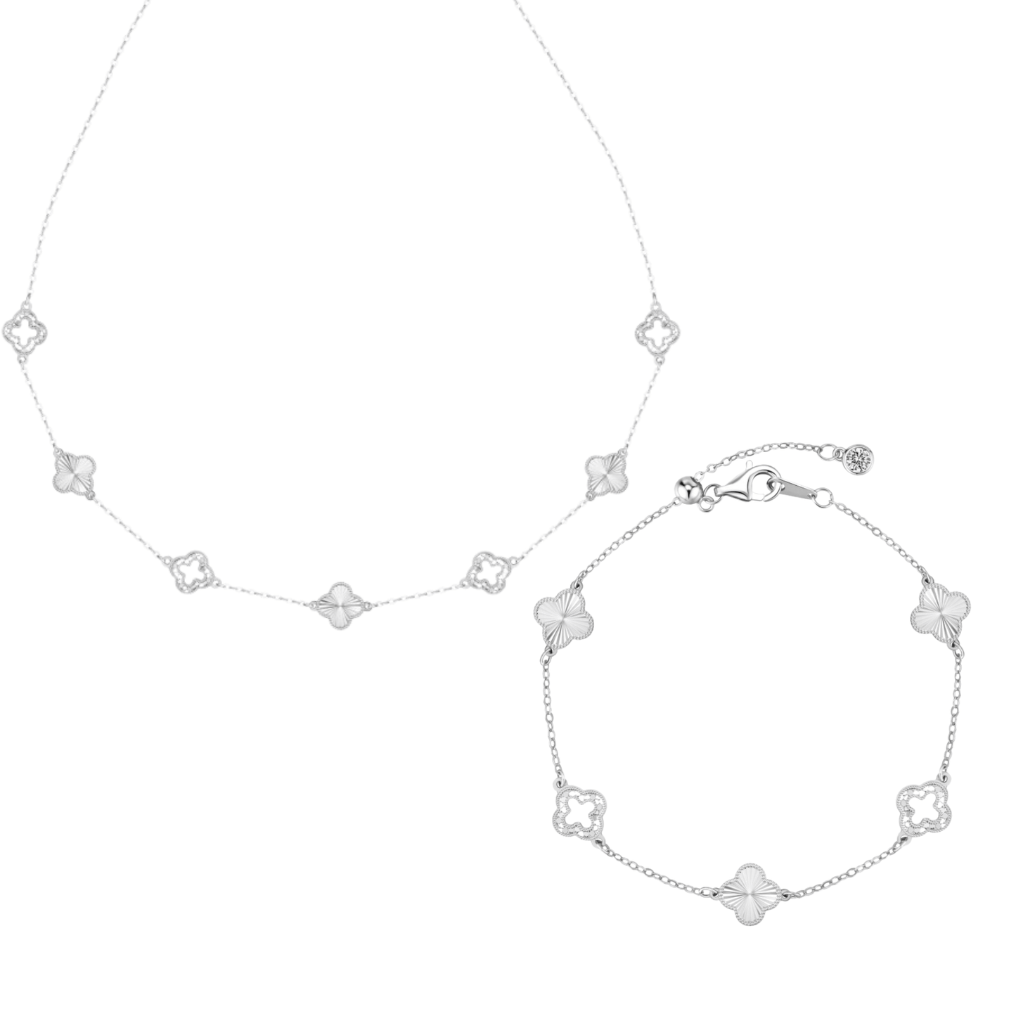 “Luster Clover” 925 Sterling Silver Laser-Cut Clover Necklace & Bracelet Set