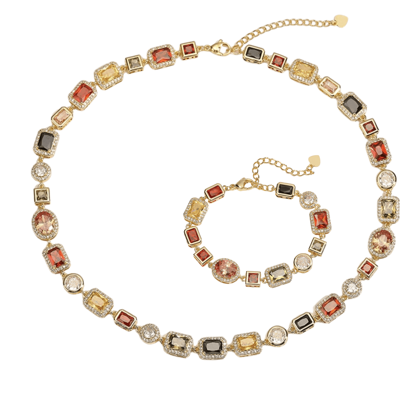 Imperial Mosaic Brass Genuine Gold-Plated 3A Multicolor Zircon Geometric Necklace & Bracelet Set