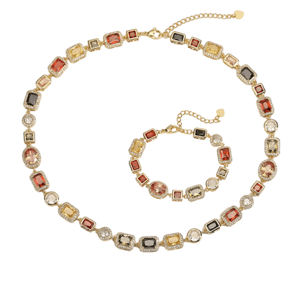 Imperial Mosaic Brass Genuine Gold-Plated 3A Multicolor Zircon Geometric Necklace & Bracelet Set