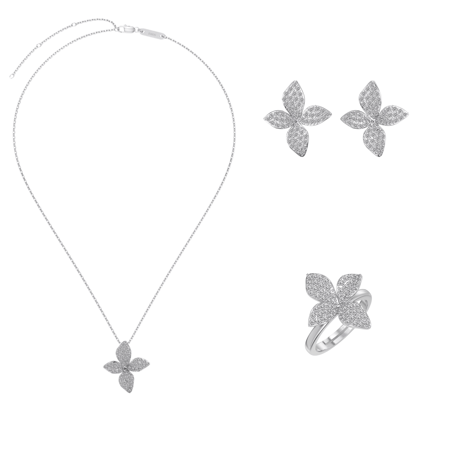 “Aurelia Bloom” S925 Sterling Silver Pavé Flower Jewelry Set