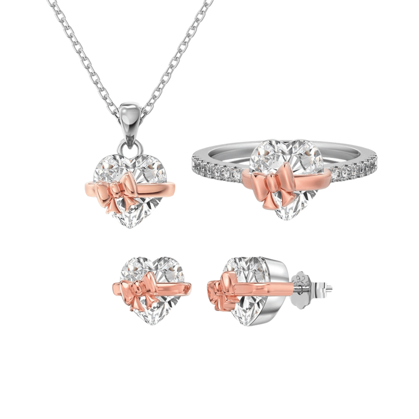 “Ribbon Serenade” 925 Sterling Silver Heart Bow Jewelry Set