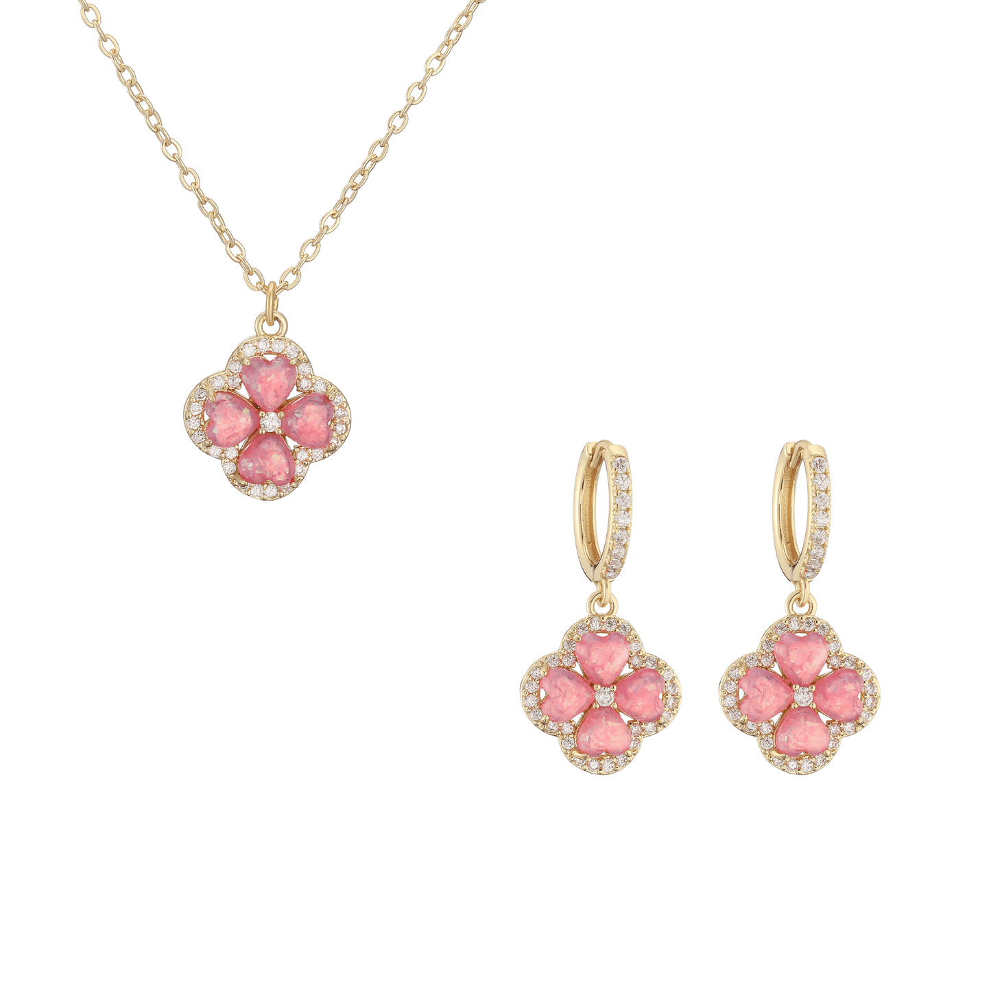“Clover Bloom” Gold-Tone Brass Colorful Zircon Clover Jewelry Set