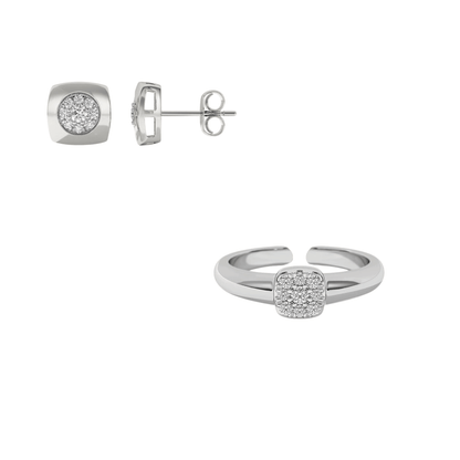 “Modern Frame” 925 Sterling Silver Square Pavé Stud Earrings & Adjustable Ring Set