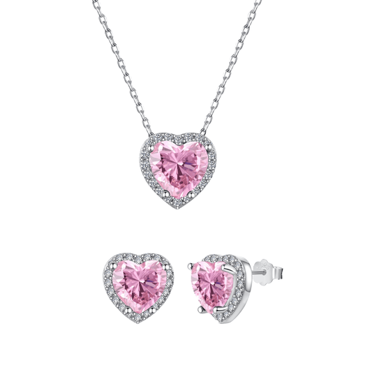 “Blush Devotion” 925 Sterling Silver Pink Heart Zircon Necklace & Stud Earrings Set