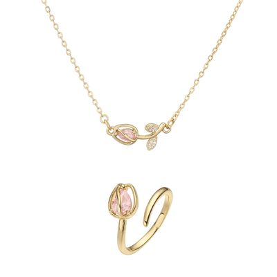 Tulip Éclat Brass Genuine Gold-Plated 3A Zircon Floral Necklace & Ring Set