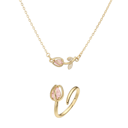Tulip Éclat Brass Genuine Gold-Plated 3A Zircon Floral Necklace & Ring Set