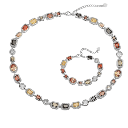 Imperial Mosaic Brass Genuine Gold-Plated 3A Multicolor Zircon Geometric Necklace & Bracelet Set