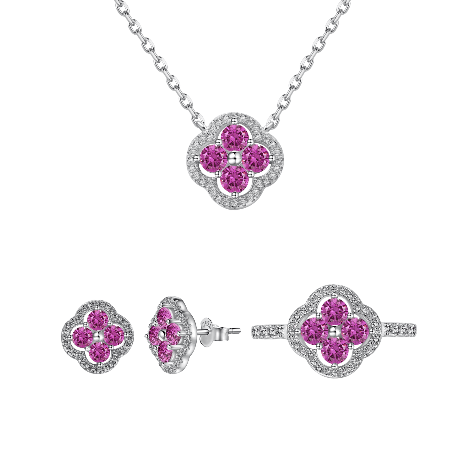 “Everluck Petal” 925 Sterling Silver Four-Petal Zircon Jewelry Set