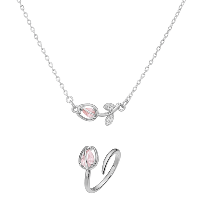 Tulip Éclat Brass Genuine Gold-Plated 3A Zircon Floral Necklace & Ring Set