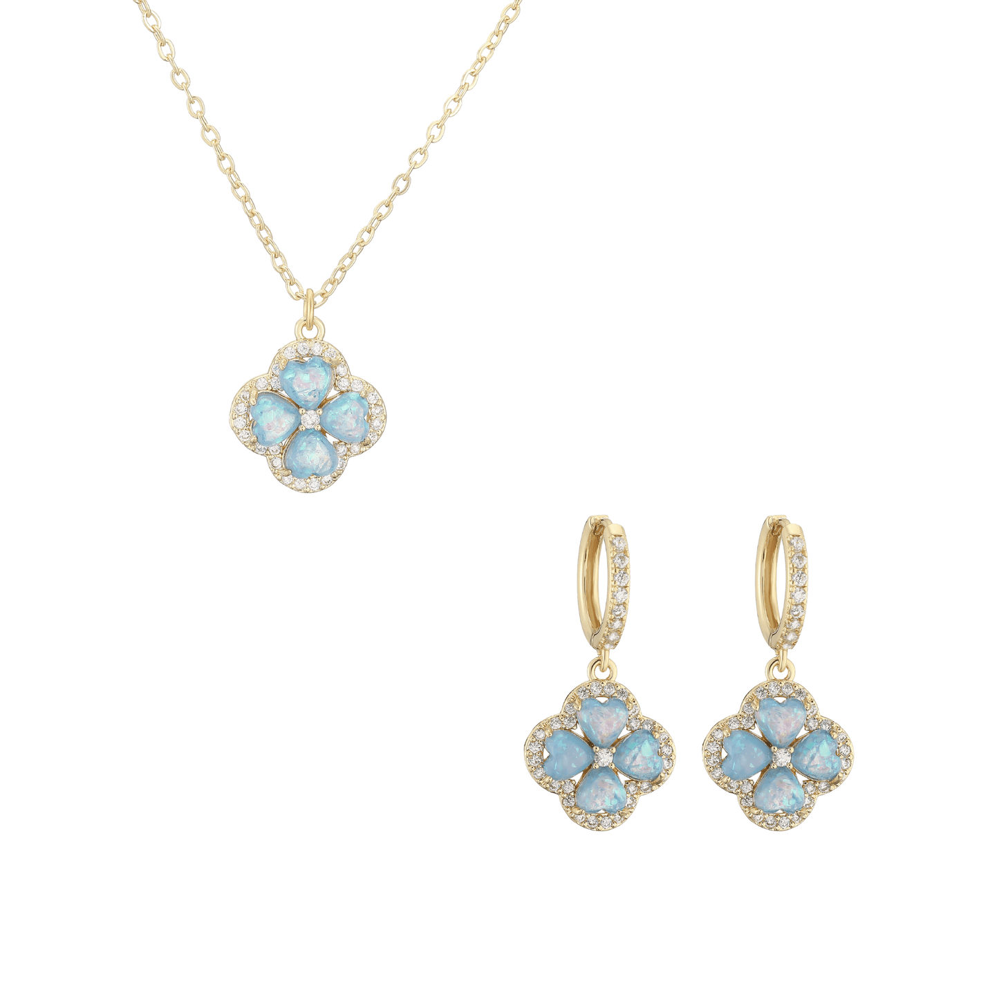 “Clover Bloom” Gold-Tone Brass Colorful Zircon Clover Jewelry Set