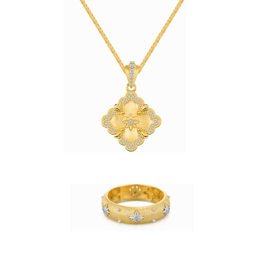 "Gilded Bloom" 925 Sterling Silver Filigree Clover Necklace & Ring Set