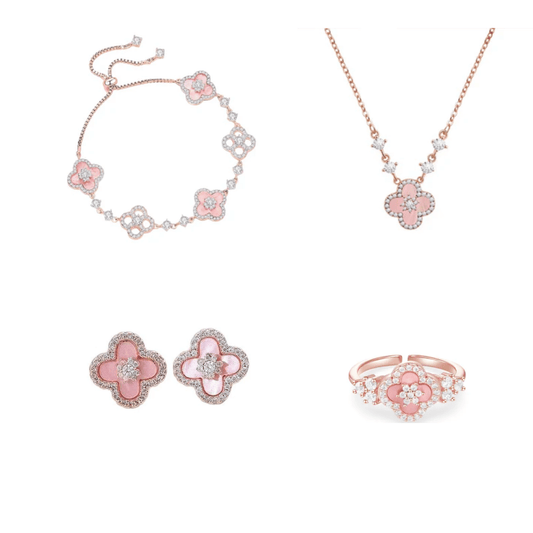 "Spring Blossom Promise" Pink Clover Mother-of-Pearl Jewelry Set | Necklace, Bracelet, Ring & Earrings, 925 Sterling Silver