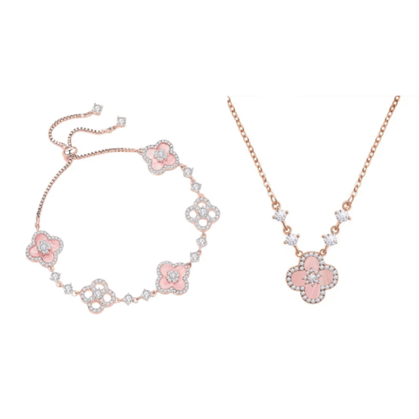"Spring Blossom Promise" Pink Clover Mother-of-Pearl Jewelry Set | Necklace, Bracelet, Ring & Earrings, 925 Sterling Silver