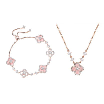 "Spring Blossom Promise" Pink Clover Mother-of-Pearl Jewelry Set | Necklace, Bracelet, Ring & Earrings, 925 Sterling Silver