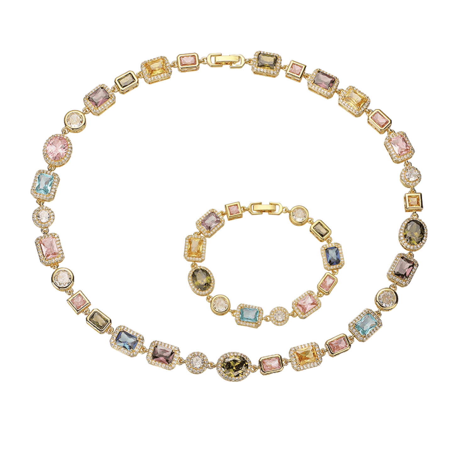 Imperial Mosaic Brass Genuine Gold-Plated 3A Multicolor Zircon Geometric Necklace & Bracelet Set