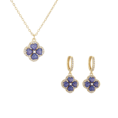 “Clover Bloom” Gold-Tone Brass Colorful Zircon Clover Jewelry Set