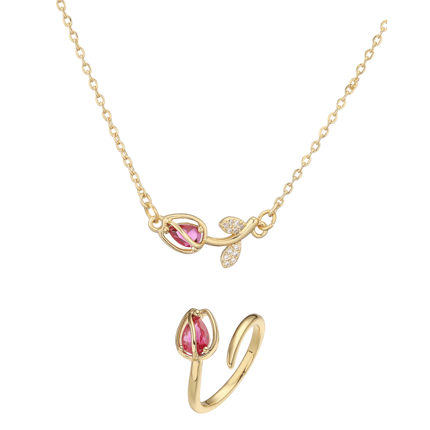 Tulip Éclat Brass Genuine Gold-Plated 3A Zircon Floral Necklace & Ring Set