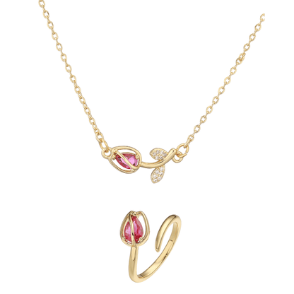 Tulip Éclat Brass Genuine Gold-Plated 3A Zircon Floral Necklace & Ring Set