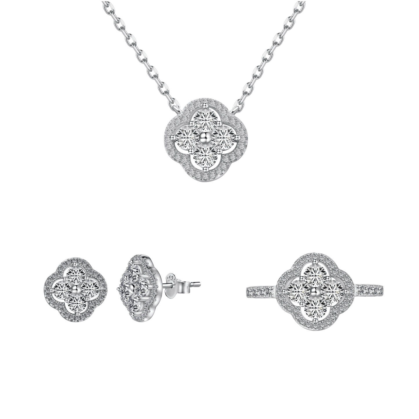“Everluck Petal” 925 Sterling Silver Four-Petal Zircon Jewelry Set