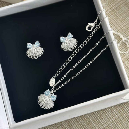 “Azure Shell Bow” Gold Plated Brass Blue Zircon Lace Shell Jewelry Set (Necklace & Earrings)