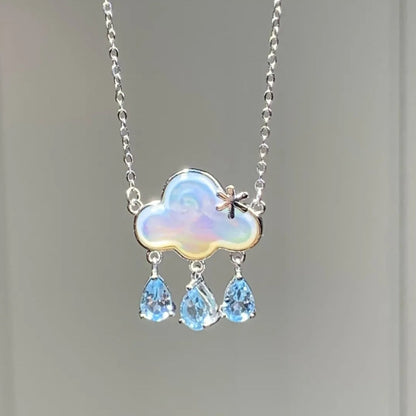 “Skydrop Cloud” S925 Sterling Silver Blue Topaz Cloud Rain Necklace