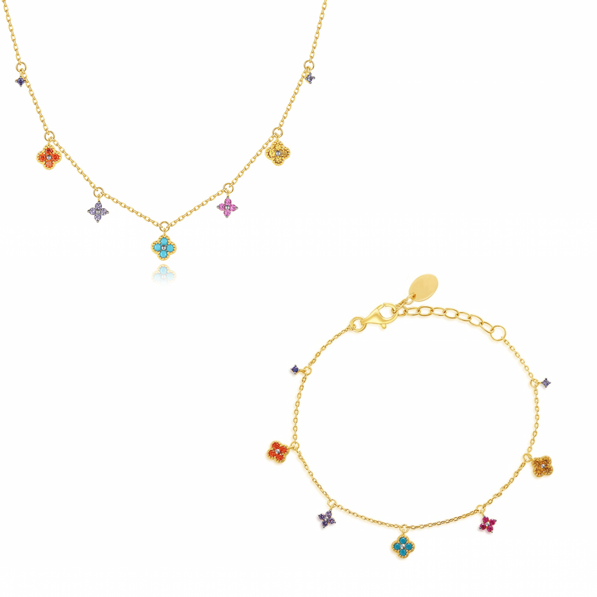 “Lucky Clover Garden” Sterling Silver Gemstone Necklace & Bracelet Set