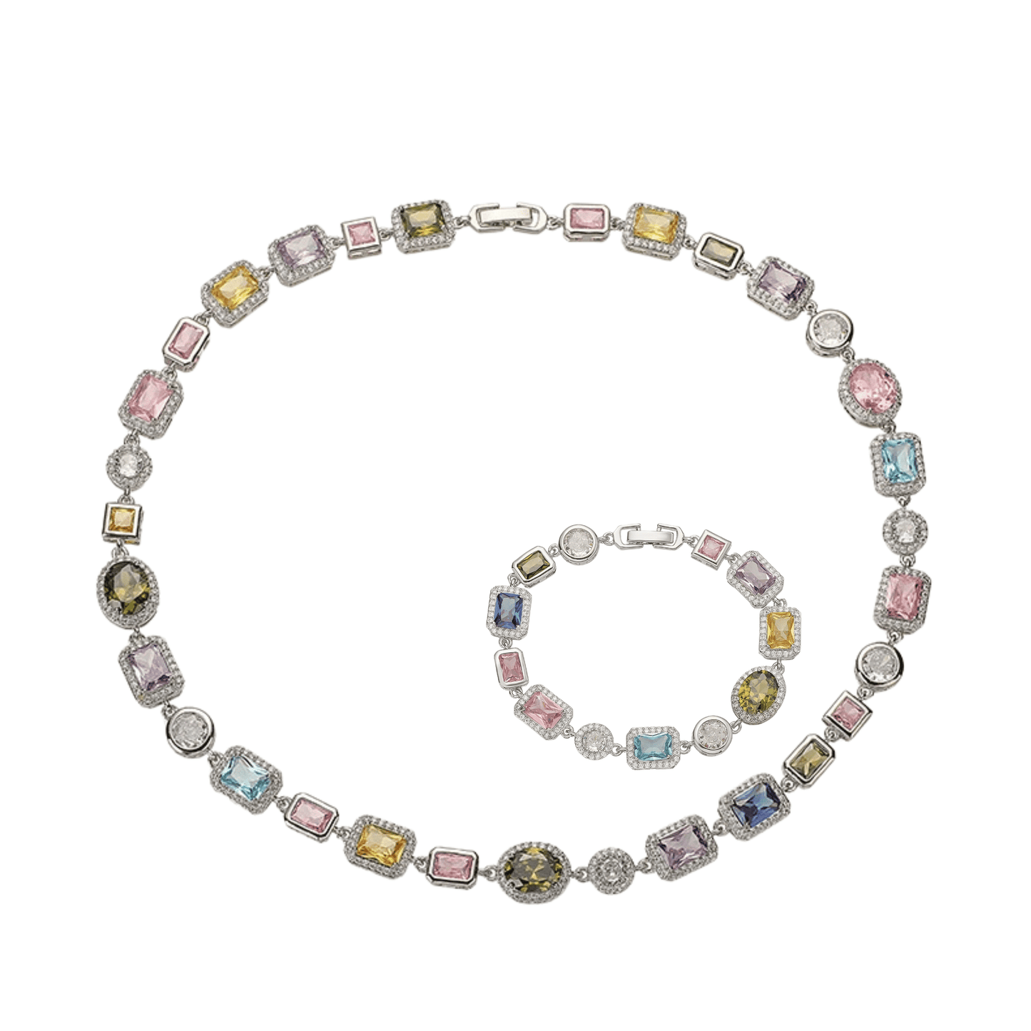 Imperial Mosaic Brass Genuine Gold-Plated 3A Multicolor Zircon Geometric Necklace & Bracelet Set