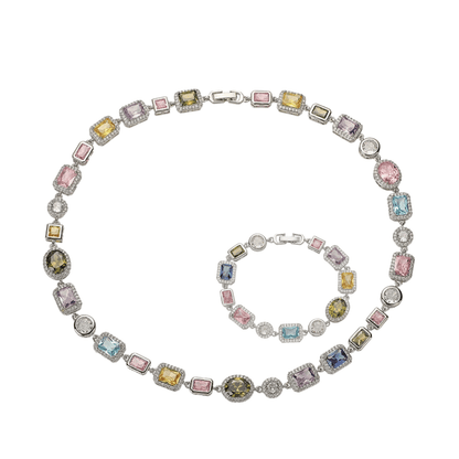 Imperial Mosaic Brass Genuine Gold-Plated 3A Multicolor Zircon Geometric Necklace & Bracelet Set