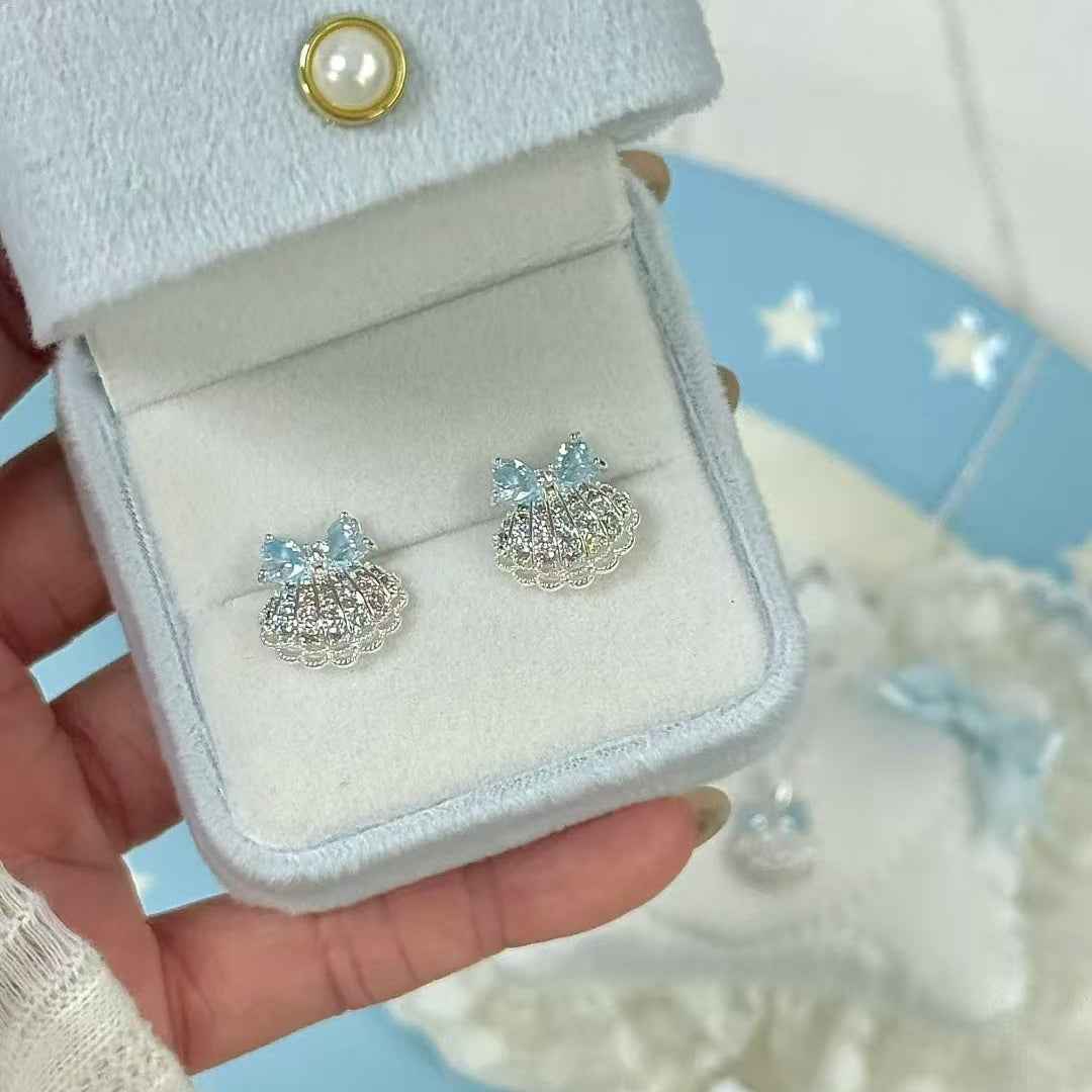 “Aqua Shell Bow” S925 Sterling Silver Shell Bow Jewelry Set (Necklace & Earrings)