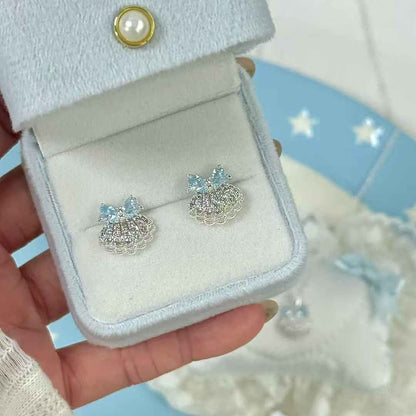 “Aqua Shell Bow” S925 Sterling Silver Shell Bow Jewelry Set (Necklace & Earrings)