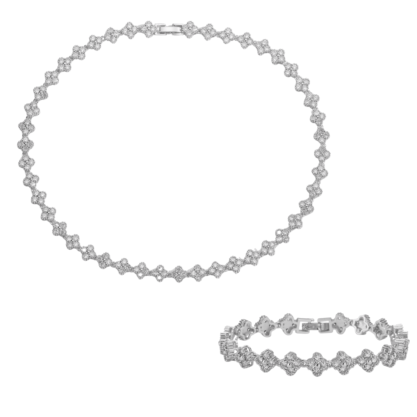 Clover Royale Brass 18K Gold-Plated 3A Zircon Floral Necklace & Bracelet Set