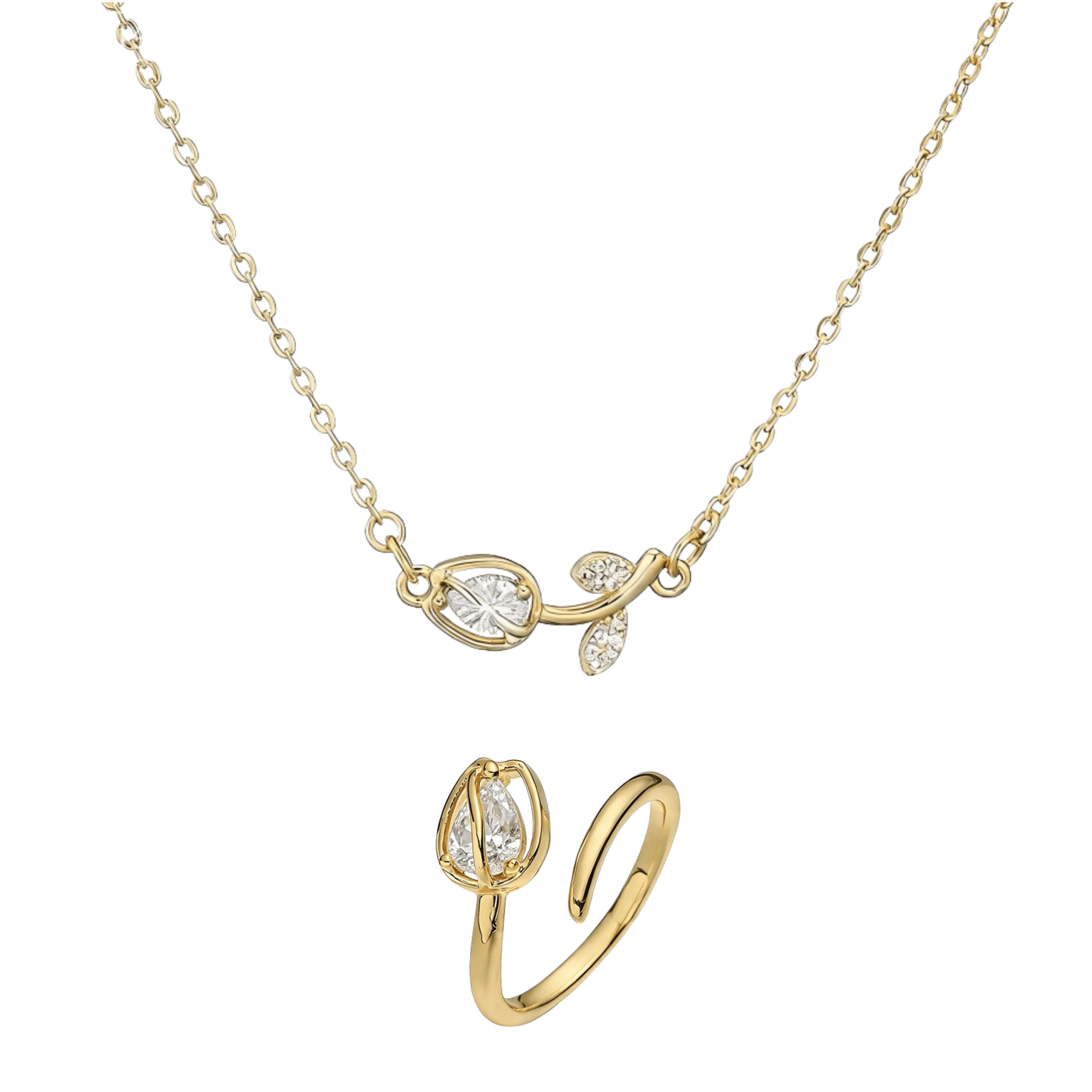 Tulip Éclat Brass Genuine Gold-Plated 3A Zircon Floral Necklace & Ring Set
