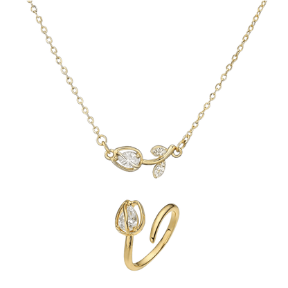 Tulip Éclat Brass Genuine Gold-Plated 3A Zircon Floral Necklace & Ring Set