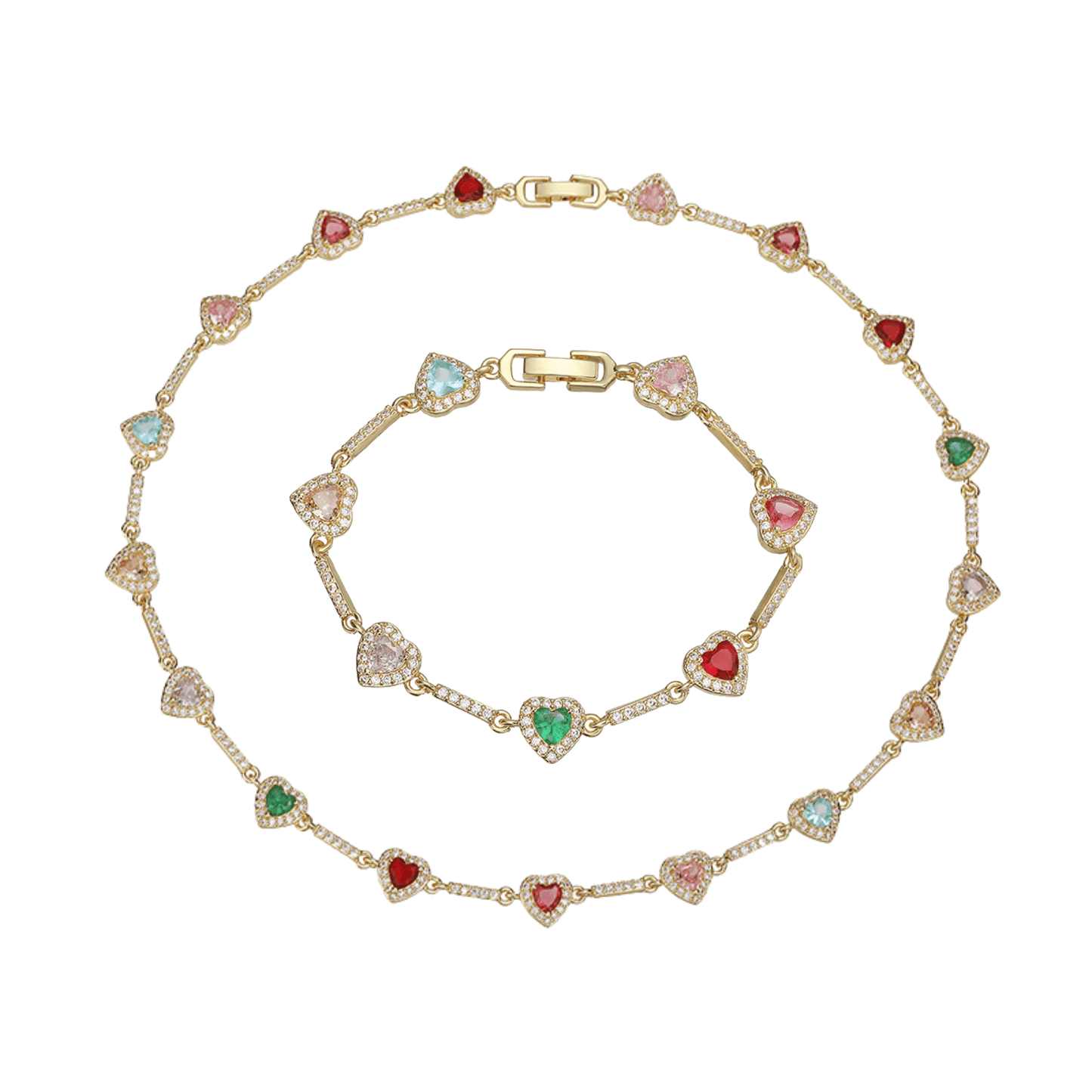 “Heartline” Gold-Tone Brass Colorful Zircon Heart Jewelry Set