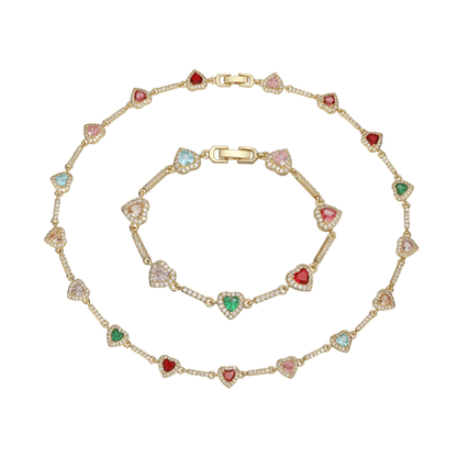 “Heartline” Gold-Tone Brass Colorful Zircon Heart Jewelry Set