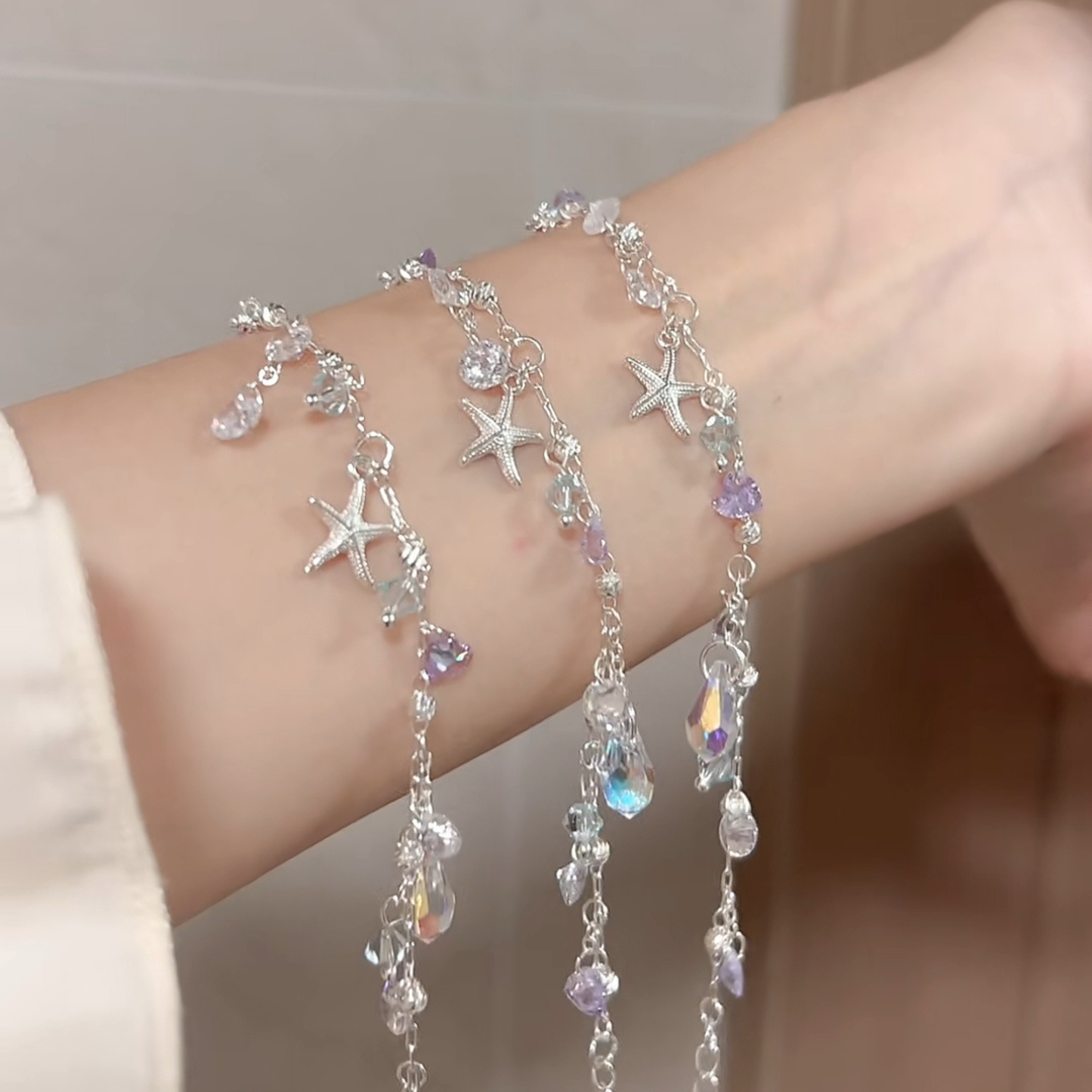 “Island Drizzle” Silver-Plated Starfish Tassel Jewelry Set (Necklace & Bracelet)