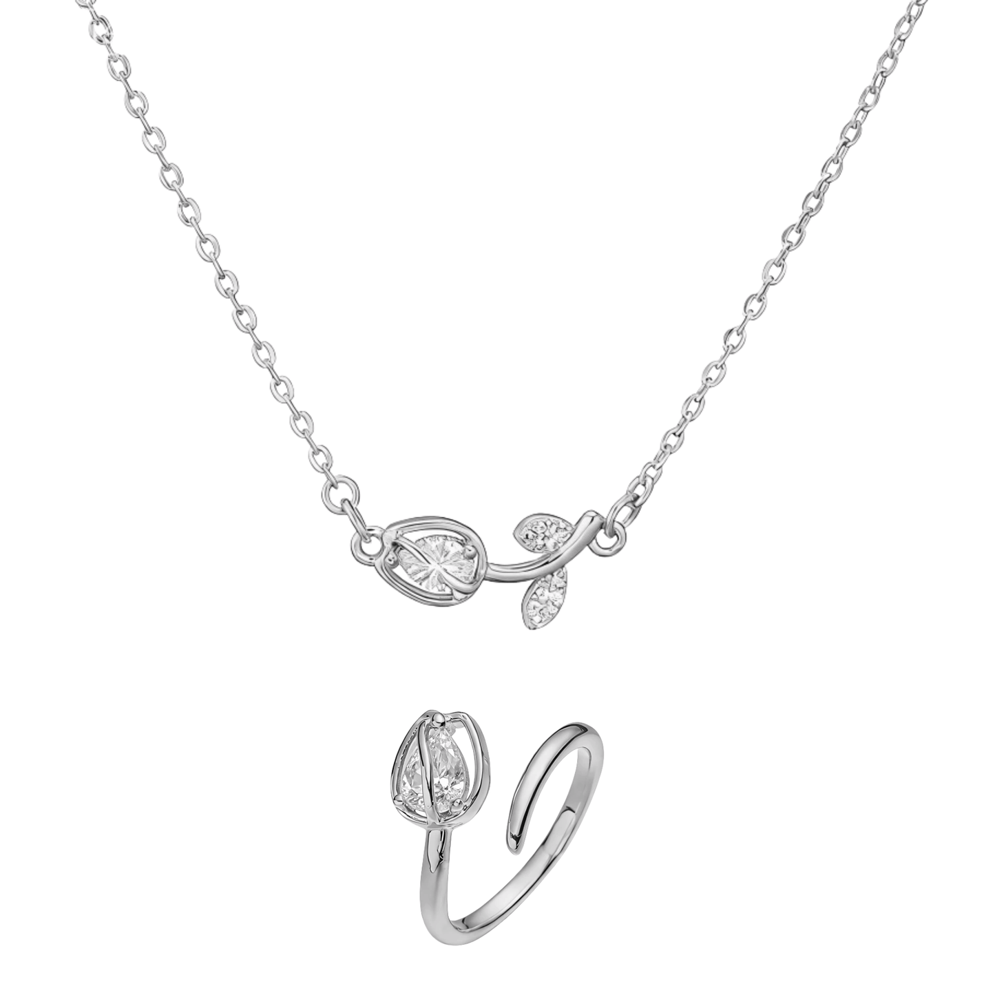 Tulip Éclat Brass Genuine Gold-Plated 3A Zircon Floral Necklace & Ring Set