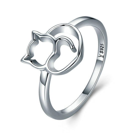 "Whispering Cat" 925 Sterling Silver Openwork Cat Ring – Minimalist & Playful