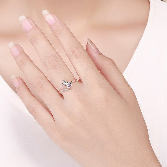 “Blush Kitty” S925 Sterling Silver Pink Heart Cat Open Adjustable Ring
