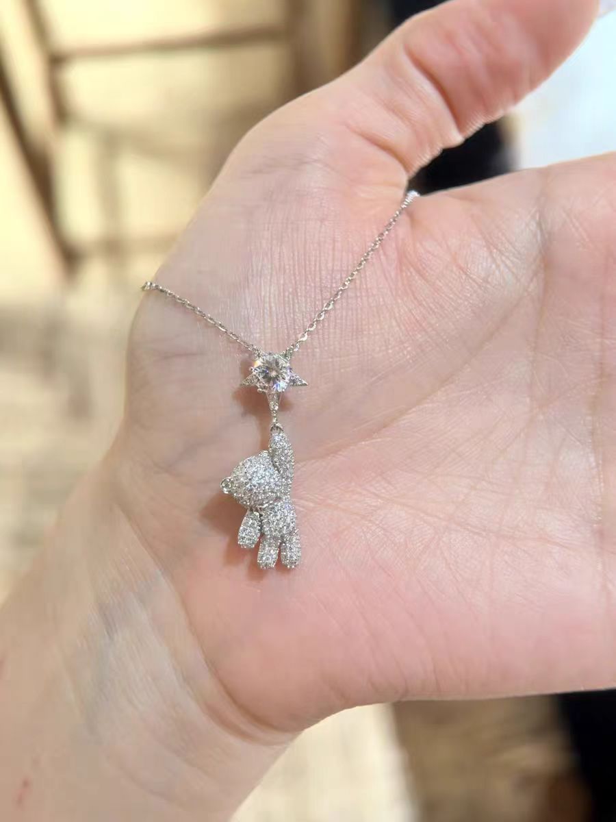 “Starry Bear Dream” 925 Sterling Silver Moissanite Teddy Bear Necklace