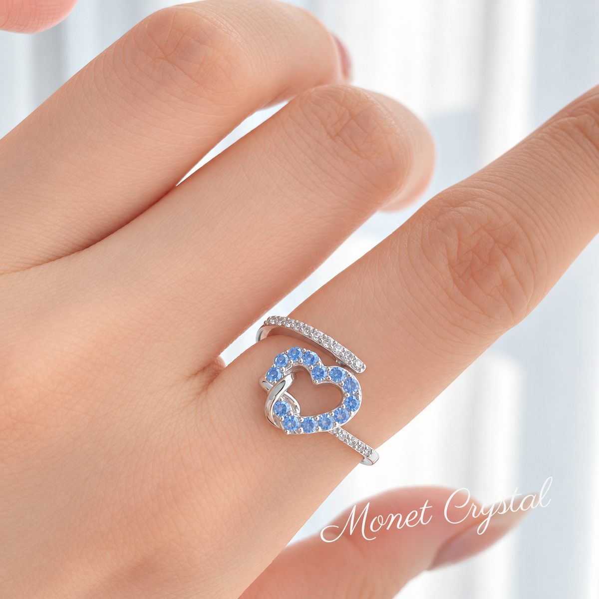 “Always Us” S925 Sterling Silver Blue Zircon Heart Adjustable Ring